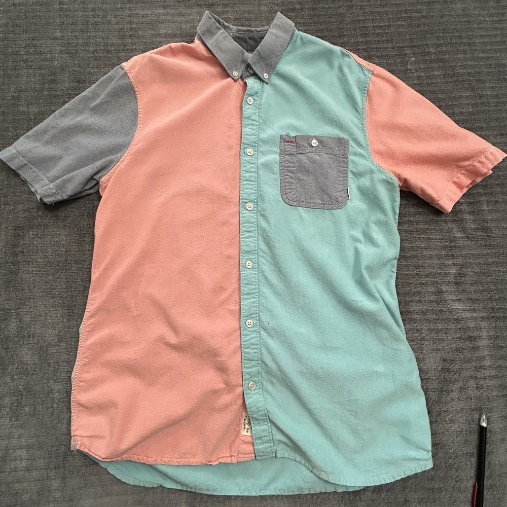 Y2K Vans Color block Button Up Shirt Short Sleeve Men Lg Preppy Blue Pink Navy